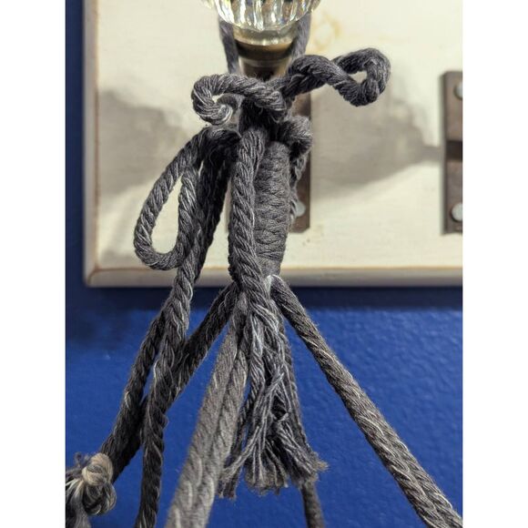 Vintage Boho Macramé Hanging Lamp Shade – Gray Woven Cord, Tassels, 12” – Retro - Picture 13 of 14